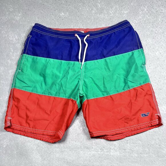 Vineyard Vines Swim Trunks Mens Small Blue/Green/Red ColorBlock Lined - Picture 1 of 11